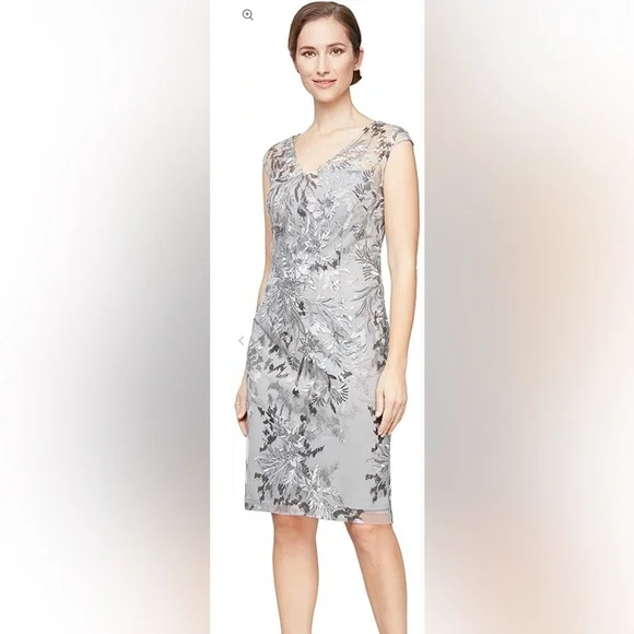 Alex Evenings Regular - Short Cap Sleeve Embroidered V-Neck Dress With Sequin Detail Silver / 14 Alex Evenings Regular - Short Cap Sleeve Embroidered V-Neck Dress With Sequin Detail Silver / 14
